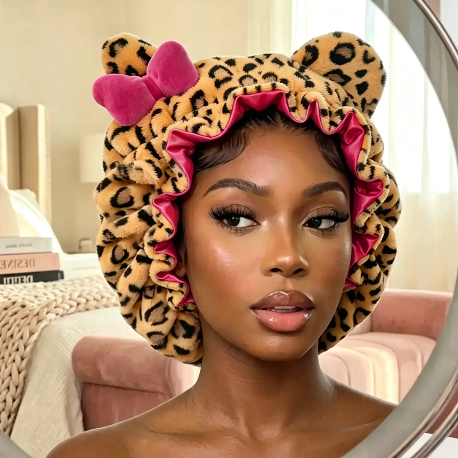 Luxury Kitty Teddy Bonnet -Adjustable Luxury Teddy Bonnet Comfortable Stylish,Daily Hair Care and Protection with SatinLining & Cute Ears,No Frizz All ComfortStylish Curl Protection for Daily Hair Care Durable Halloween Hair Care Cap