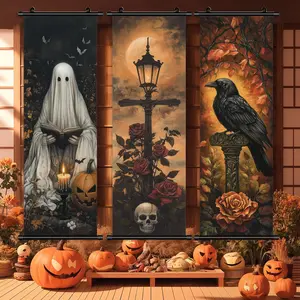 Hanging Painting, 3 Counts/set Retro Ghost & Pumpkin Pattern Wall Decor, Wall Art for Home Living Room Bedroom Decoration