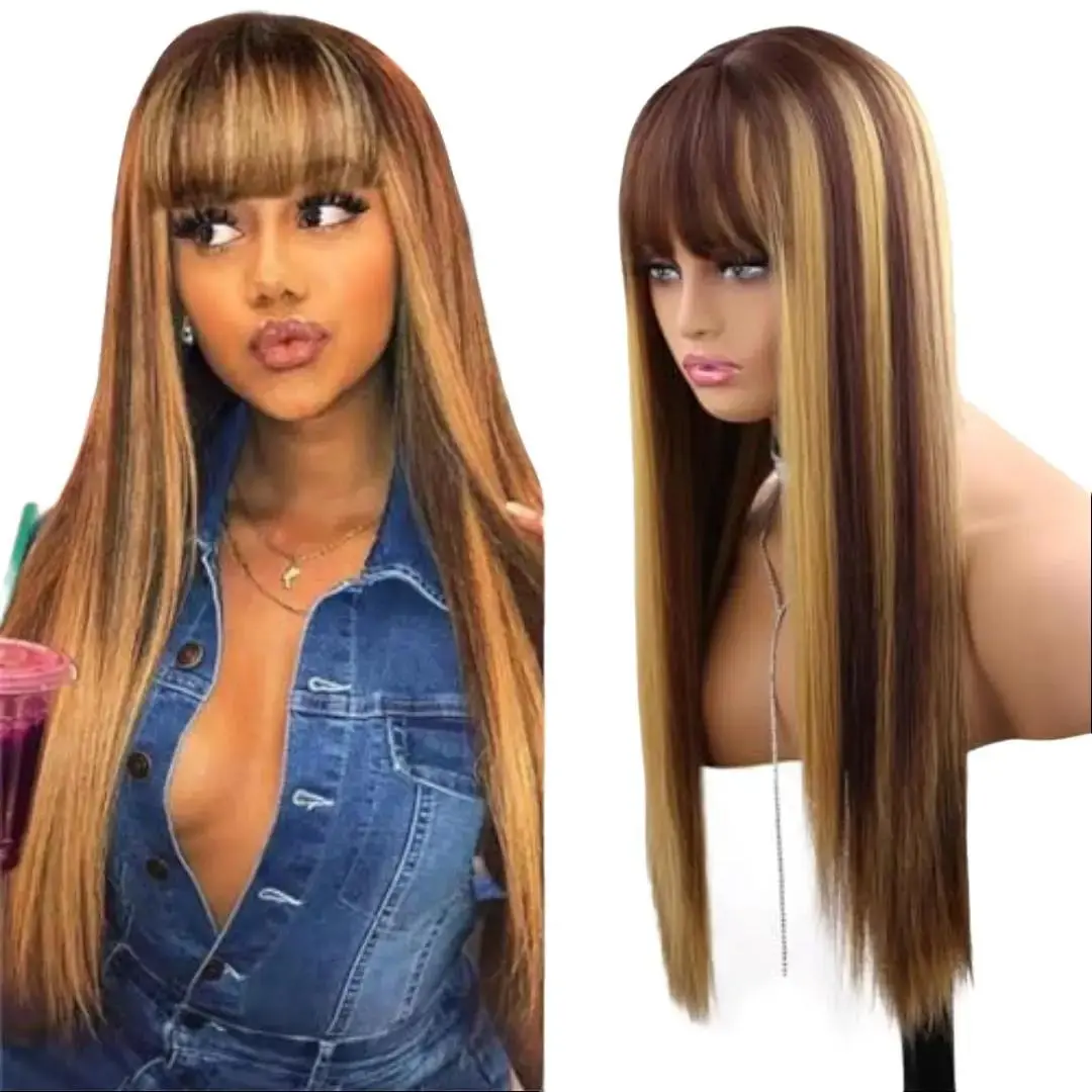 Women's Glueless Bangs Synthetic Fiber Straight Wig, 20 in, 180% Density, Heat Resistant Honey Blonde Highlight Wig, Glueless Bangs Wig, Synthetic Fiber Wig