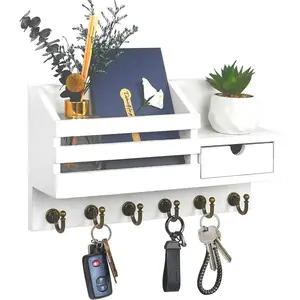 Key and Mail Holder For Wall, Mail Organizer Wall Mount with 6 Hooks and Storage Drawer, Easy Installation Key Rack for Entryway and Home Decor (A-White)