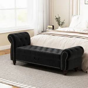 64.5" Black Velvet Chaise Lounge Bed Bench - Nails Tufted Design with Hidden Storage, Soft Cushioned Upholstered Bench, Ideal for Bedroom Dressing Room Guest Room Hotel Lobby Small Space