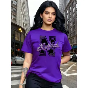 100% Cotton, Women's Vintage New York City Pattern T-Shirt - Machine Washable for Spring and Summer Daily Wear, Versatile Clothing, Urban Fashion, Comfortable Fit, Printed Shirt, Street Style Enthusiast