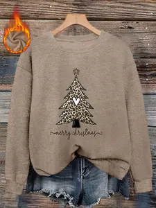 Women's Christmas Tree Print Faux Fur Sweater, Casual Fashion Round Neck Long Sleeve Top, Fall & Winter Comfortable Knitwear