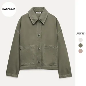 KatchMe Women's Vintage Collared Button-Up Cargo Pocket Jacket, Solid Color Outerwear for Fall & Winter, Casual Ladies Long Sleeve Street Outfits
