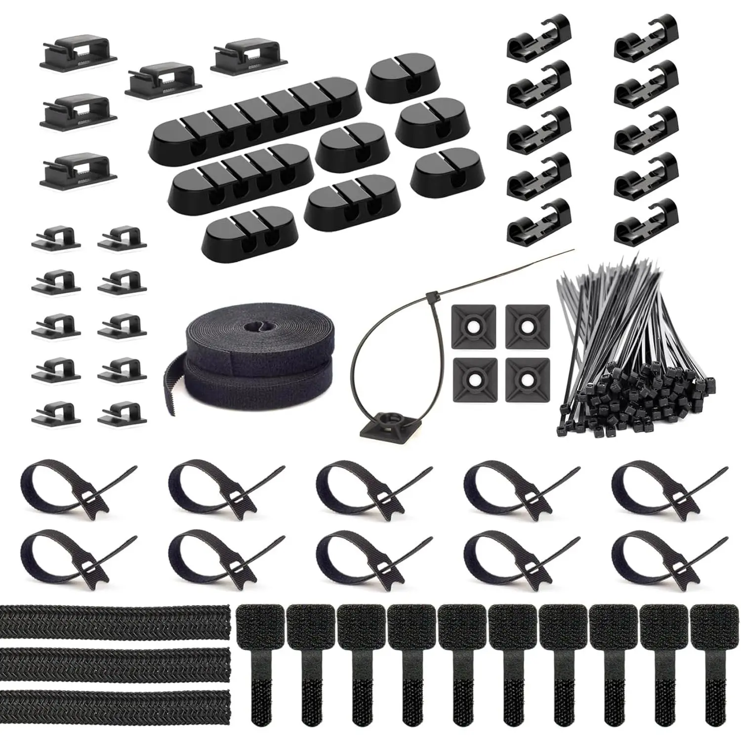 Synthetic 163-Piece Cord Organization Kit - 3 Wire Organizer Sleeves, 8 Soft Self-Adhesive Holders, 25 Cord Clips, 22 Roll Straps, 100 Zip Ties for Indoor TV, Under Desk & Data Centers