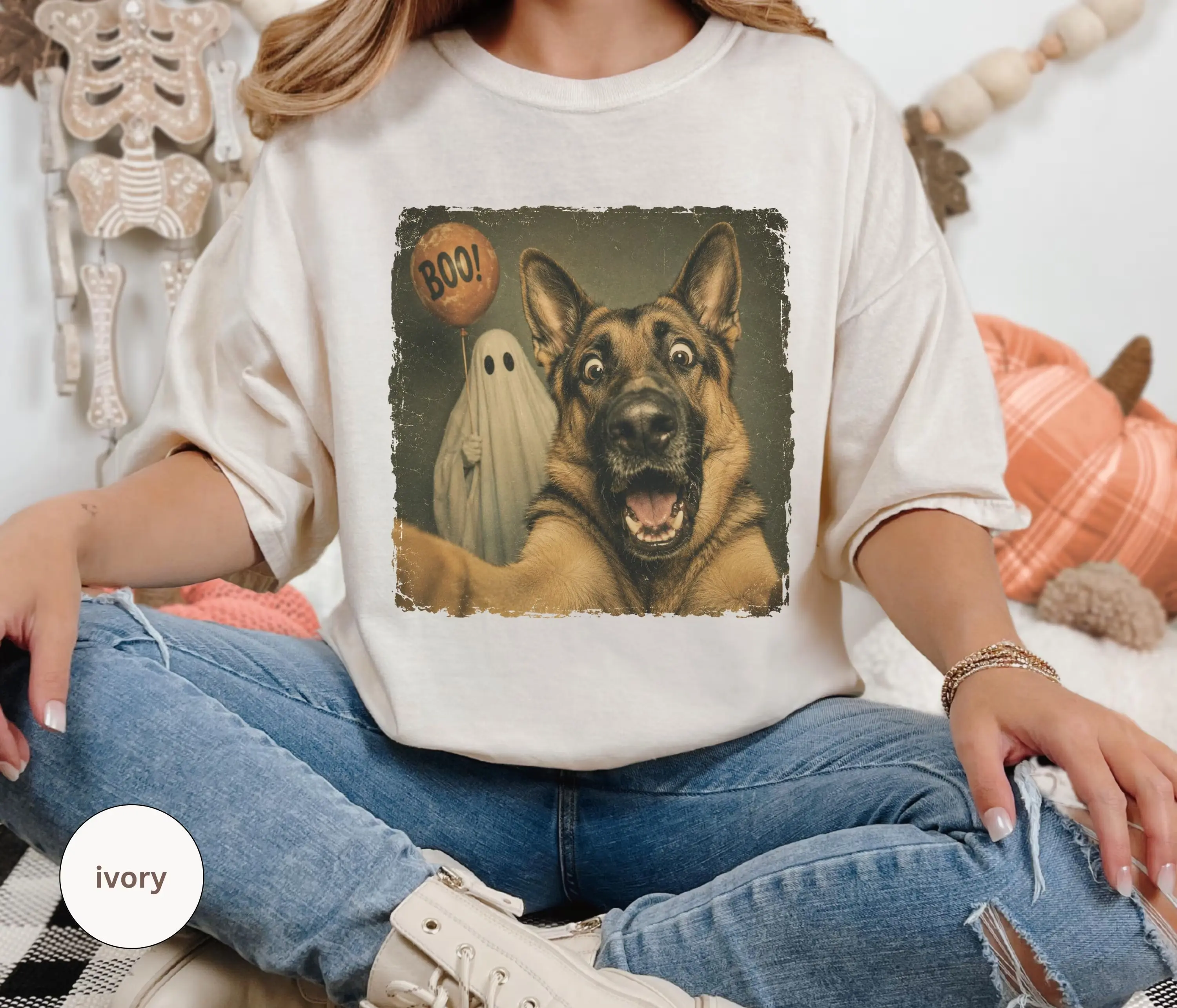 Comfort Colors German Shepherd Halloween T-Shirt - Happy German Shepherd Dog With Ghost Holding Boo Balloon Vintage Distressed Photo Graphic , Spooky Season Dog Mom Outfit For Women , German Shepherd Lover Shirt , Halloween Gift For Dog Owners