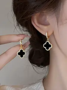 Four-Leaf Clover Shell Full Rhinestone Earrings, Dangle Earrings, Luxe Noble Style, Classic Versatile, Commuter Elegant Design, Pair of Earrings, Jewelry Design