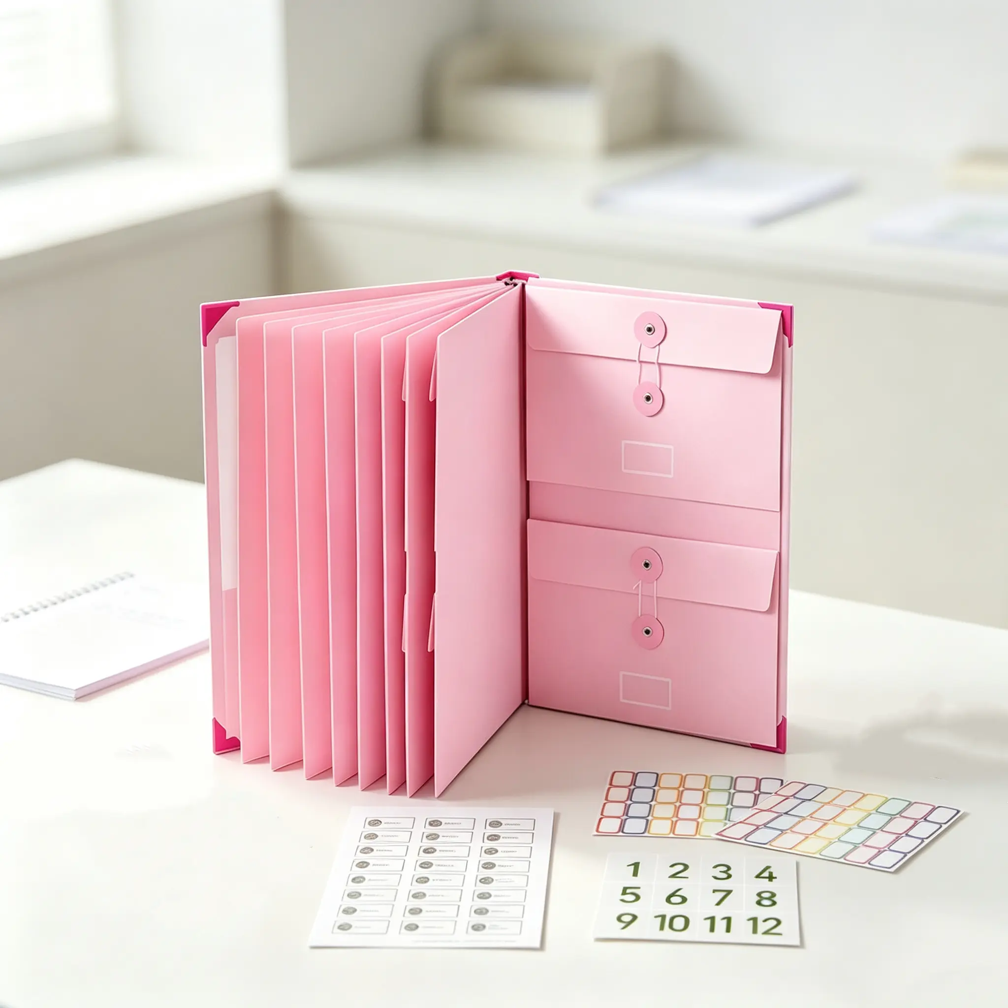 Pink Accordion-Expandable Paper Document Folder with A4/Letter Size Compatibility, Divider Tabs, Multi-Pockets - Portable Office Desk Organizer for Travel Users Storing Certificates, Passports