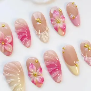 S20 Katy Nails - Pink Blossom Floral Press-On Nails, 3D Flower Petals & Shell Tips, Soft Gradient Ombre, Custom Handmade Nail Art, Spring Garden Vibes, Cute Gifts for Her