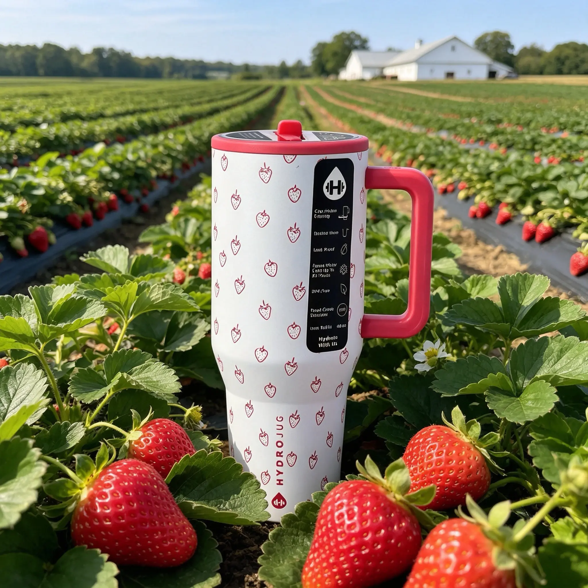 HydroJug 40oz Sports Insulated Water Bottle With Red Handle And Straw, Leak-Proof Stainless Steel Water Vessel & Cup For Fitness And Travel, Portable Water Jug, Dishwasher Safe, BPA Free, Strawberry Print Pattern