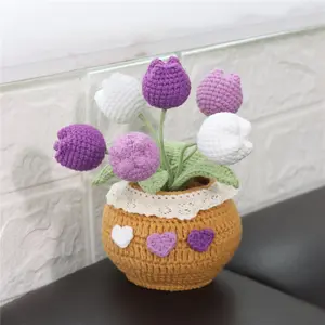 Greatflower Hand-Crocheted Tulip in Heart-Shaped Pot Preserved Flower Desktop Decor Unique Delicate Appearance Ideal for Desks Shelves