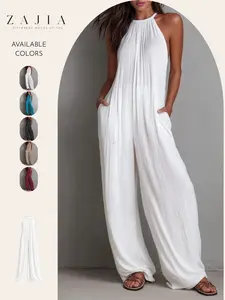 Breathable Crinkled Halter Wide Leg Jumpsuit with Pockets, Flowy Comfy Summer for Vacation Beach, Casual Daily Outing Wear Women