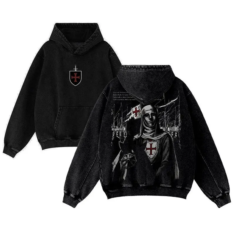 Baldwin IV Crusader Washed Graphic Hoodie, Jerusalem Cross Vintage Oversized Streetwear