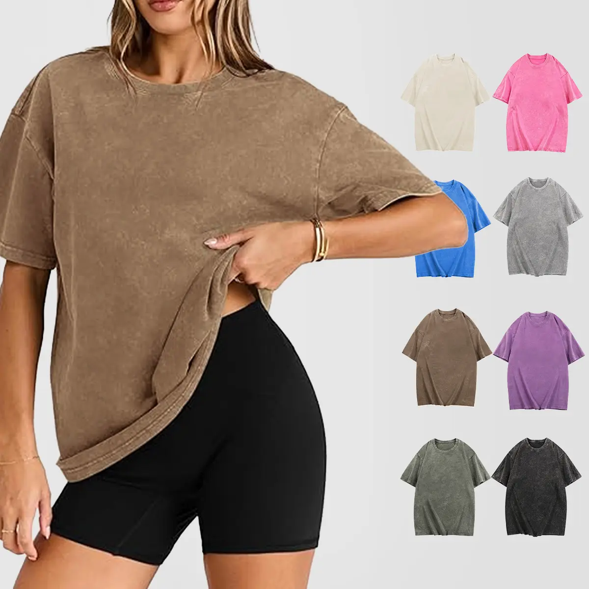 Holafish Women's Acid Washed Heavy Cotton Oversized Loose-Fit Short Sleeve Tunic T-Shirt - Round Neck, Soft Fabric, Basic Streetwear Style, Versatile Layering Top, All-Season Casual Wear