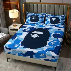3Pcs Camouflage Fitted Sheet Set, Iconic Blue Monkey Head Design with Fluid Amoeba Patterns, Soft and Cozy Bedding for Trendy Bedroom Decor, Perfect for Stylish Sleep Spaces Includes 2 Pillowcases, No Pillow Core, Washable Soft Breathable