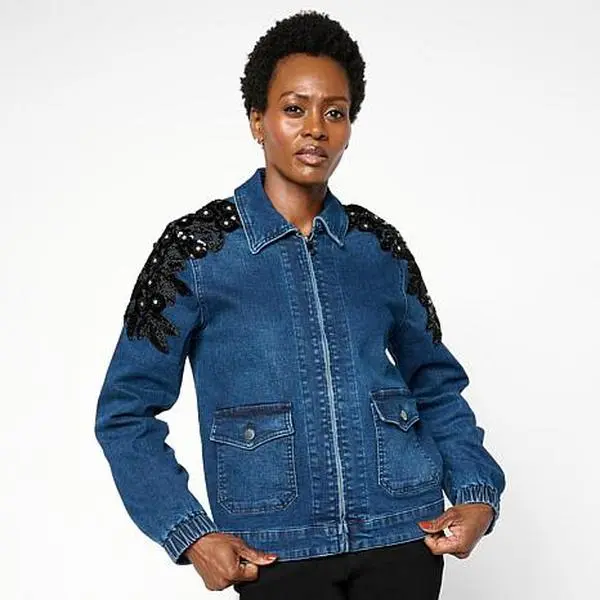 DG2 by Diane Gilman New Classic Stretch Denim Embellished Jacket