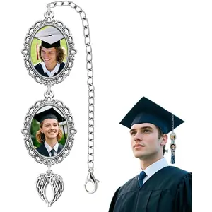 Personalized Graduation Tassel Photo Charm with Angel Wings Memorial Photo Tassel Cap Charm Graduation Cap Decorations for Women Men Memory Picture for Grad Hats
