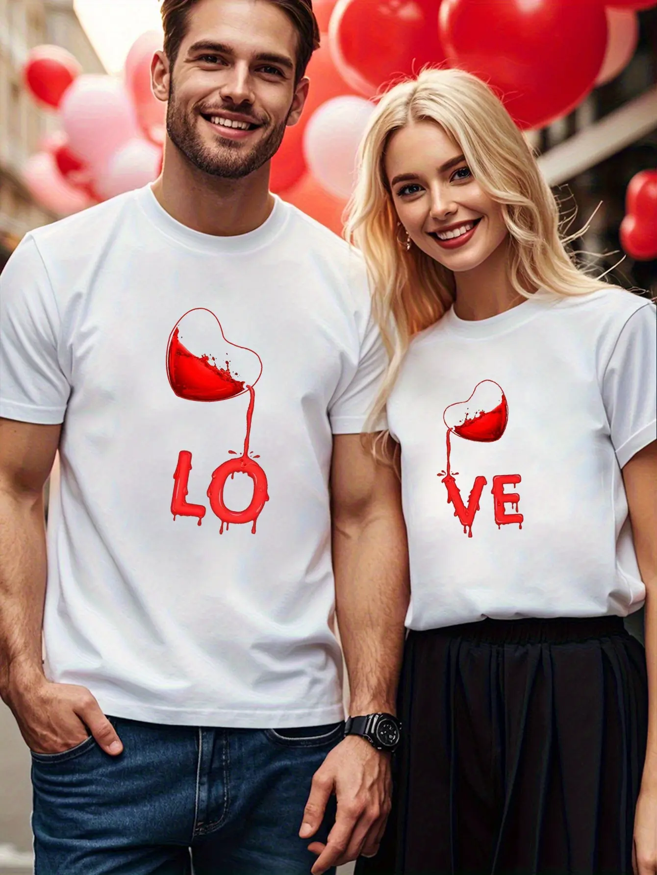 T-Shirt for Couples, Casual Loose Cotton with Love Design Print, Matching Valentine's Day Gift for Women, Valentines Day, Short Sleeve