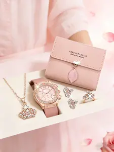 6pcs Luxury Rose Gold Elegant Jewelry Set, Quartz Watch, Necklace, Earrings, Ring, Wallet, Perfect Gift for Her, Daily Wear, Party, Valentine's Day