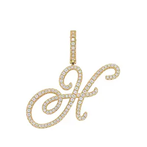 Classic Iced Cursive Letter Pendant Necklace, Letter Cube Zircon, Gold and Silver Color Charm Hip Hop Jewelry