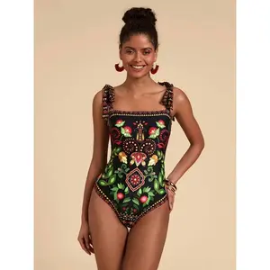 Women's Sexy 1-Piece Printed Swimsuit with Adjustable Shoulder Straps and Full-Body Triangle Bottoms, Beach Vacation Swimwear KA-P698-01