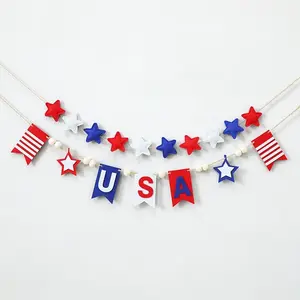 2 Pack 4th of July Garland, 6.5ft Felt Patriotic USA Garland for Mantel Red White Blue Star w/Wood Bead Flag Banner Decor for 250th Anniversary Independence Day Veterans Memorial Party