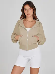 Fisoew Womens Zip Up Sweatshirts Fleece Lined Collar Crop Hoodie Casual Long Sleeve Tops Womenswear sweatshirts women zip hoodies Zipper Comfortable