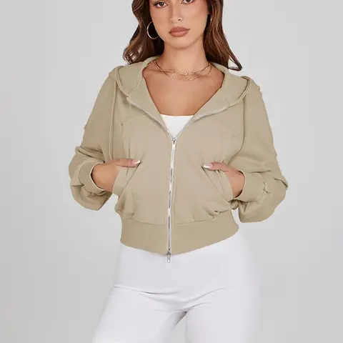 FISOEW Women's Poly-Cotton Cropped Half-Zip Hoodie Sweatshirt - Cozy Fashion Breathable Fleece Top with Zipper, Drop Shoulder, Thumb Holes, Kangaroo Pocket, Ribbed Cuffs, Loose Fit, Crop Hem, Multi-Size Athleisure Long-Sleeve Collared Sporty Chic Wear