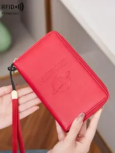 Letter Pattern Embossed Passport Holder, Summer 2025 New Arrival Multi-functional Portable Airplane Pattern Ticket Clip, Pu Leather Credit Card Travel Zipper Wallet with Wrist Strap, Travel Essential