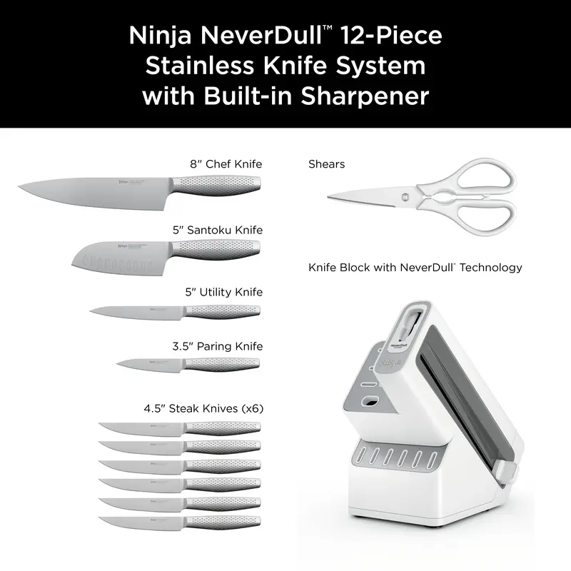 Complete 12-piece set with ten knives, kitchen shears and sharpening block