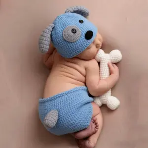 Newborn photography props, 1 set of cute dog design crochet clothing Outfit with bones, suitable for photography of both male and female newborns.