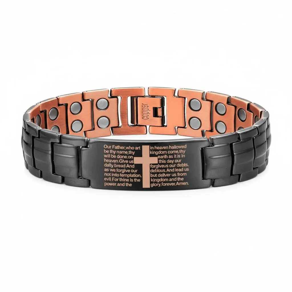 Copper Cross Bracelet for Men - Ultra Strength Magnetic Copper Mens Cross Bracelets - Adjustable Copper Bracelet with Sizing Tool Jewelry Box(Black)