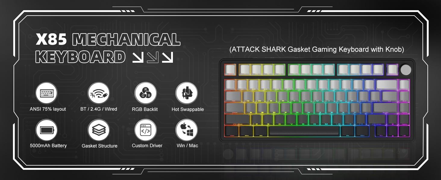 ATTACK SHARK X85 Gasket Mechanical Keyboard 75% Wireless Gaming with Knob 5-Layer Padding PBT Keycaps BT5.1/2.4Ghz/USB-C Hot-Swap Linear Switch RGB NKRO for PC MAC ATTACK SHARK X85 Gasket Mechanical Keyboard 75% Wireless Gaming with Knob 5-Layer Padding PBT Keycaps BT5.1/2.4Ghz/USB-C Hot-Swap Linear Switch RGB NKRO for PC MAC