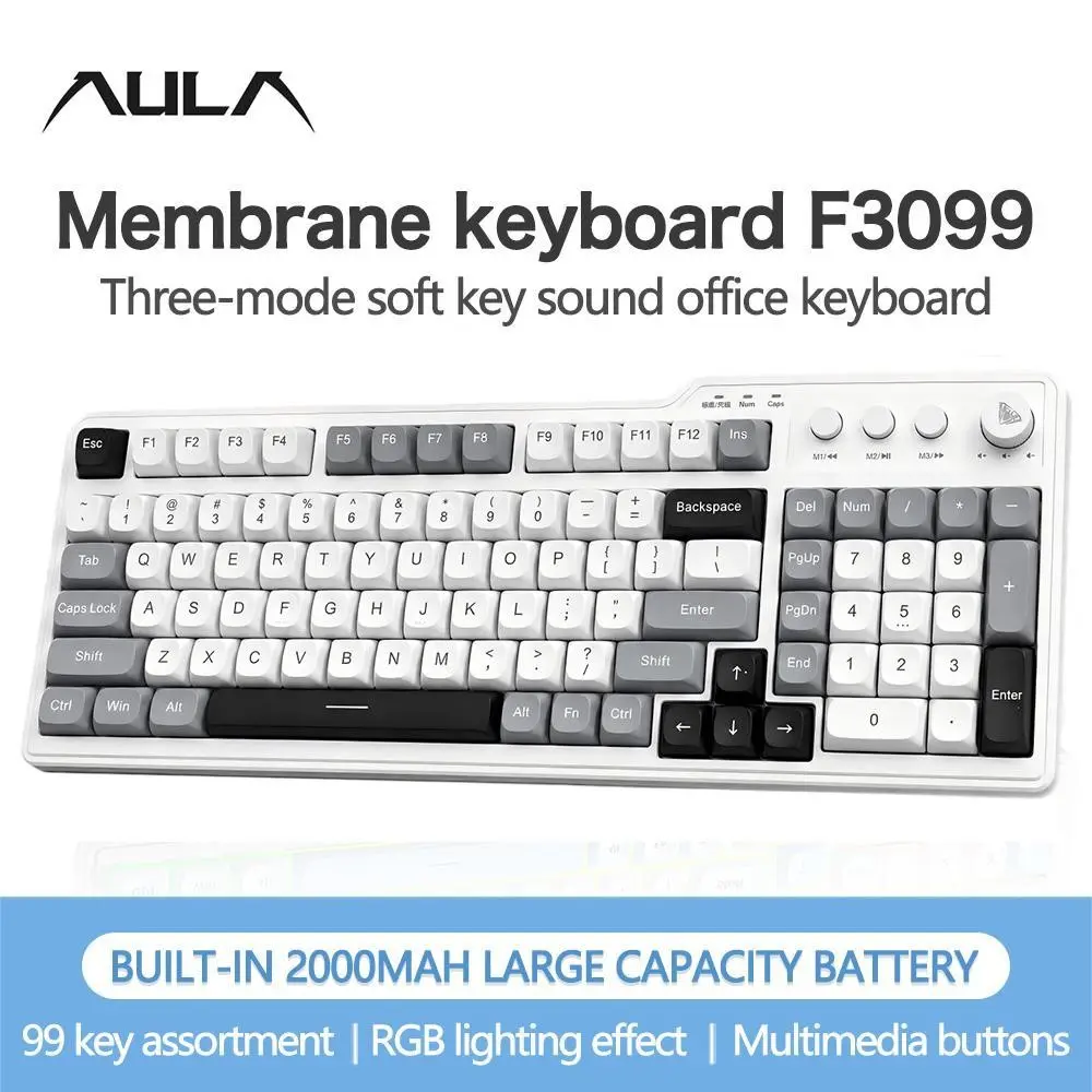AULA F3099 Wireless Backlit Keyboard, Rechargeable Keyboard with RGB Light, Ergonomic Design Keyboard for Computer & Office, USB Rechargeable Keyboard
