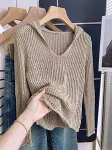 Women's Summer Knitted Long Sleeve Hoodie, Elegant V Neck Hollow Out Sweater, Casual Lightweight Mesh Crochet Pullover, Perfect for Beach Vacation and Daily Wear