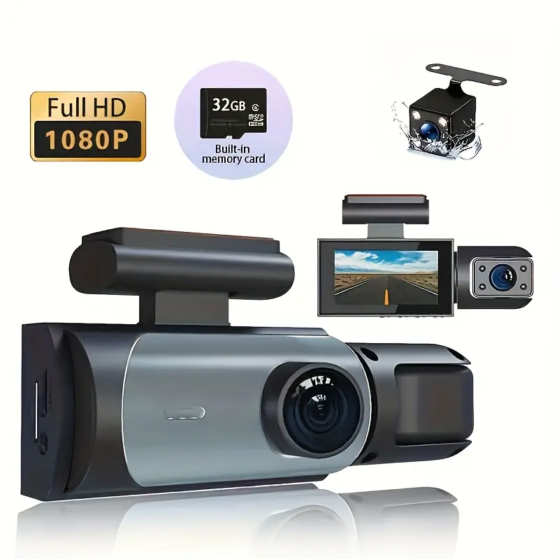 1080P Triple Camera Car Dash Cam: Front & Interior Triple Lens with IR Night Vision, Loop Recording, Wide Angle & IPS Screen Car DVR motion detection bulb horse