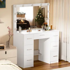 55'' Vanity Desk with Large LED Illuminated Mirror , Makeup Vanity Set with 7 Drawers, Dressing Table with 3 Lighting Modes, Large Vanity Table for Bedroom, White