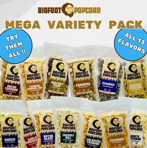 Bigfoot Popcorn MEGA Variety Pack - 13 Permanent Flavors - Non GMO Corn - Handcrafted Gourmet Flavored Popcorn Snack - Crispy Natural Crunchy