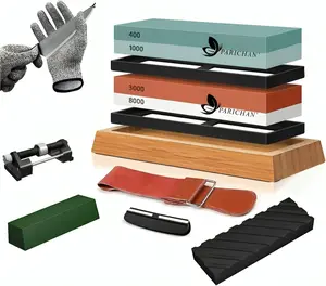 Parichan' Kitchen Knife Sharpener Kit Premium Knife Sharpening Stone 4 Grit 400/1000/3000/8000 Dual Side Whetstone with Bamboo Base, Resistant Glove, Angle Guide, Leather Belt Precision in Every Blade Knives