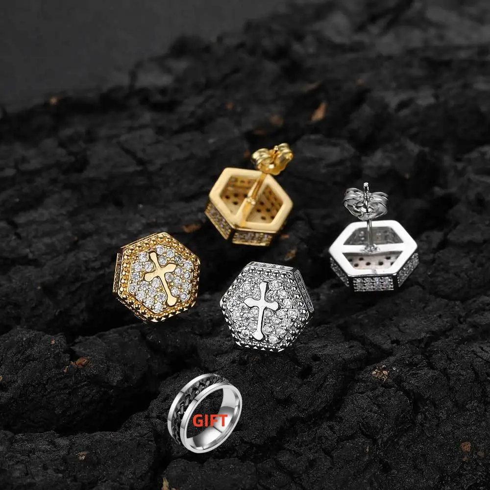UUR 3A+CZ Hexagonal Cross stud Earrings, High Quality Decorated Hip-Hop Earrings For Men and Women Jewelry Accessorize Embellish Elegant Stylish Decor