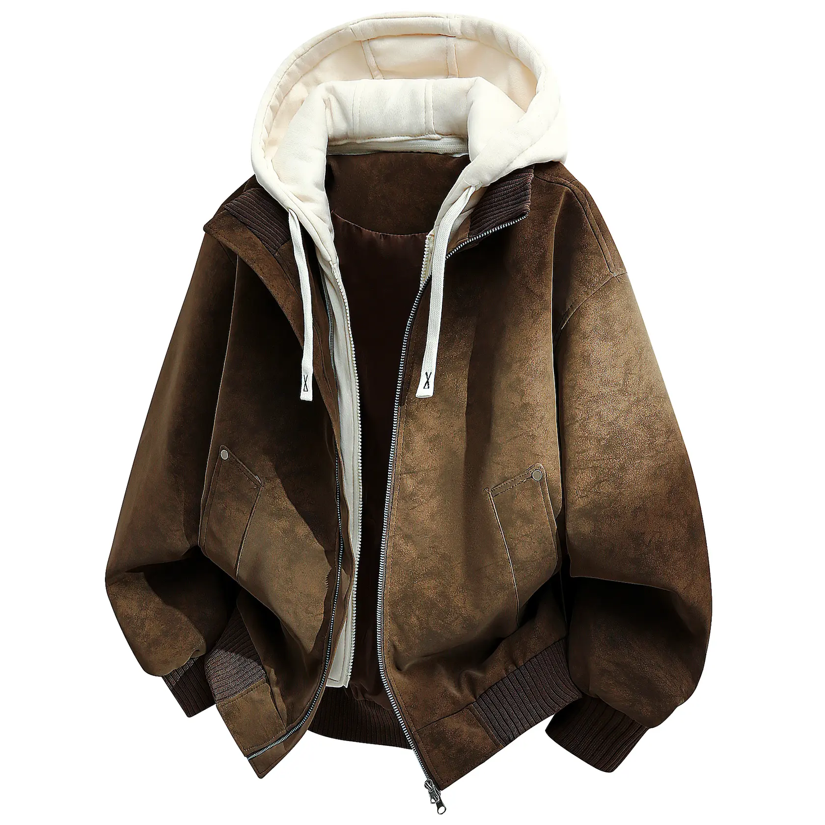 Men’s suede warm windproof detachable hood punk-style aviator jacket, suitable for cycling, motorcycling, and outdoor activities