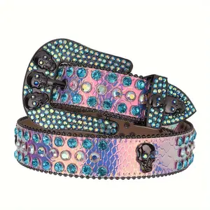 Skull Rider Gothic Belt | Hand-Set Rhinestone & Crystal Beadwork on Vegan Leather  Adjustable Punk Buckle for Men & Women (Halloween Gift!) modern  belt goth  belt