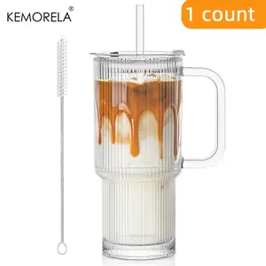26oz Ribbed Glass Tumbler with Handle & Lid, Large Iced Coffee Cups with Straws, Modern Glass Mug for Cold & Hot Beverages, Drinkware, Funny Dad Tumbler