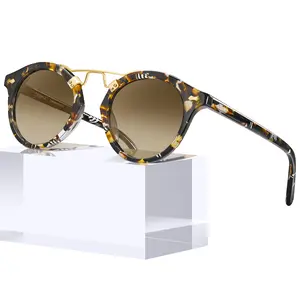 CARFIA Small Acetate Polarized Sunglasses for Women UV Protection, Retro Double Bridge Eyewear Metal Brow Round Sunnies Tortoise glasses