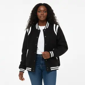 Women Varsity Jacket with leather shoulder embellishment Casual Comfort