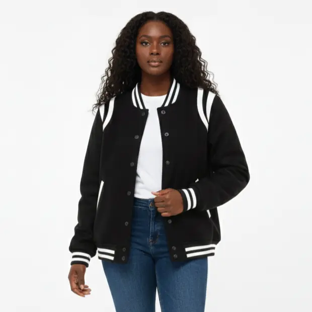 Women's Fitted Polyester Varsity Jacket - Lady's Casual Spring Clothes with Leather Shoulder Embellishments, Striped Style, Pockets, Buttons, Long Sleeves, Comfortable Design