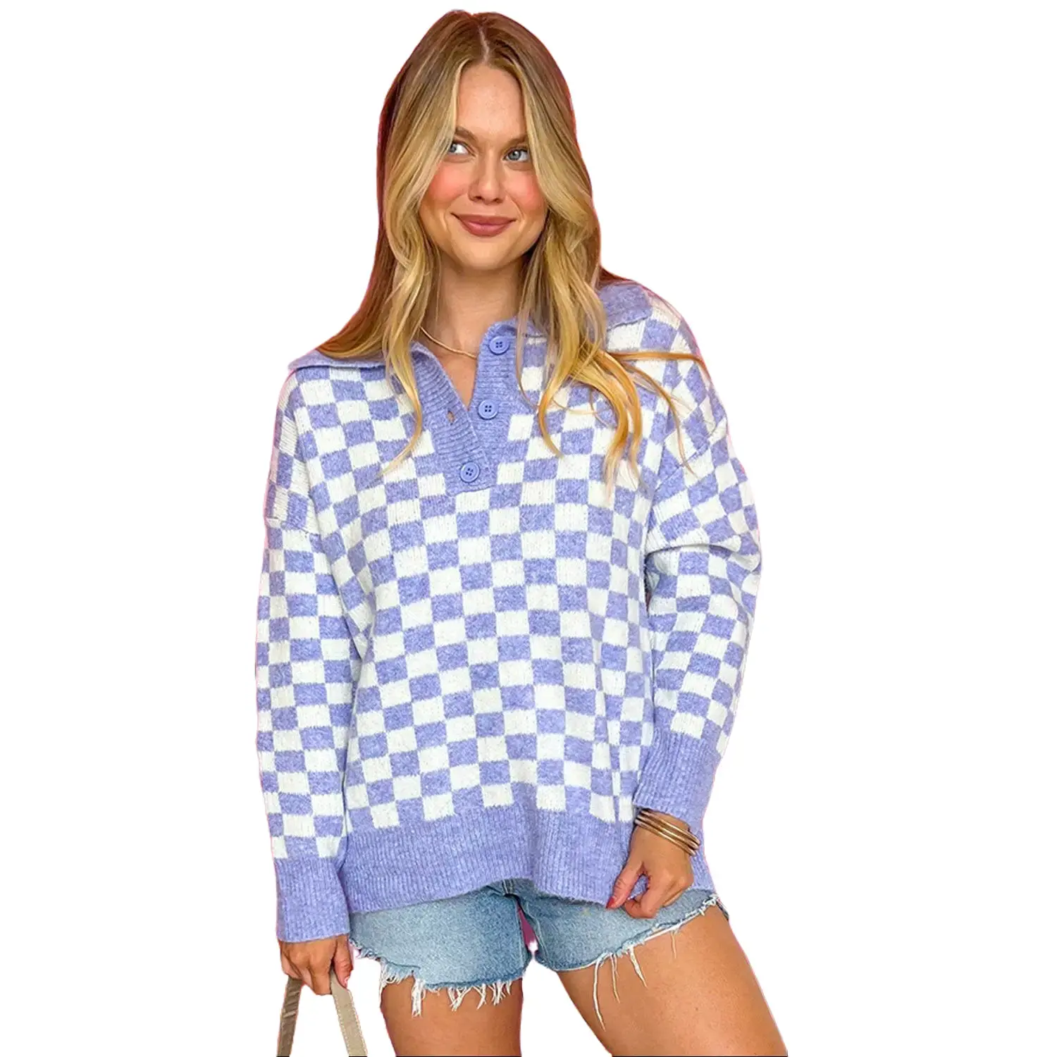 Purple Checkered Collared Buttons Plus Size Sweater