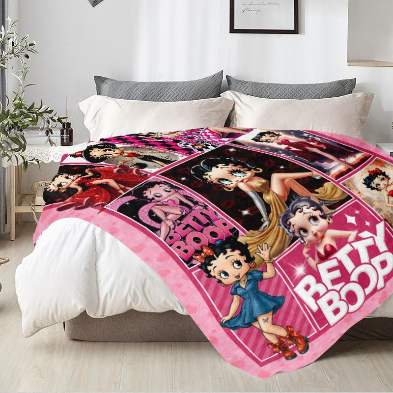 BETTY BOOP Cartoon Flannel Blankets Soft Warm Cozy for Couch Bed Travel Office Versatile All Season Gift Women's Comfort Accessory Blanket Gift Made in USA
