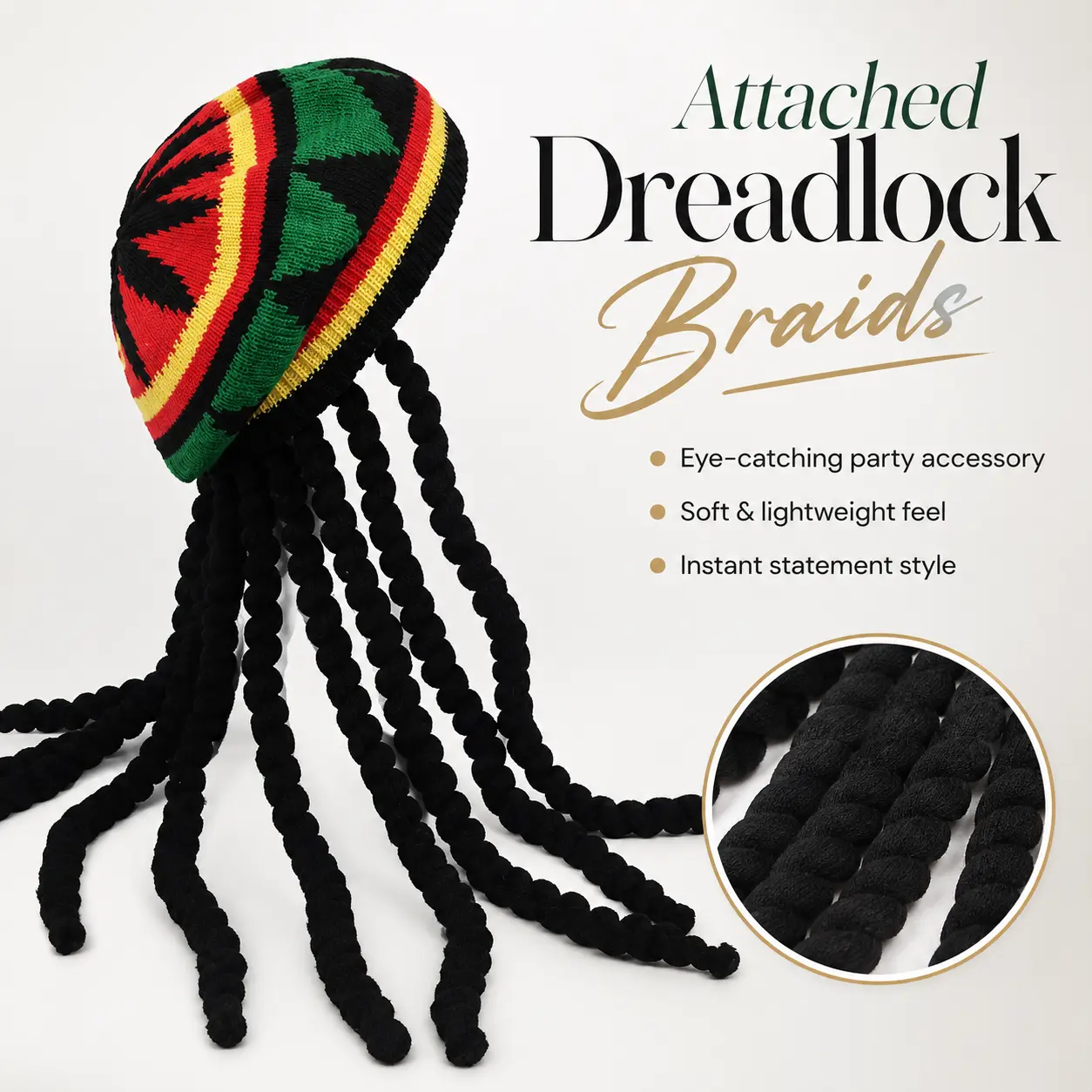 1PC Jamaican-Inspired Rasta Hat, Reggae Tam Beret with Optional Black Faux Dreadlock Braids, Unisex Halloween Cosplay, Music Festival & Party Costume Accessory