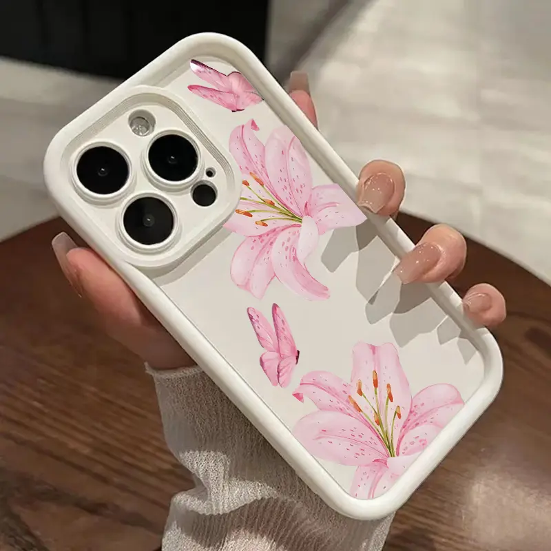 Chic Lily Charm Pattern TPU Phone Case for iPhone 15 16 14 Pro Max 13 12 11 XR XS Plus Shockproof Non Slip Military-Grade Protection Silicone Cover Cellphone Protective